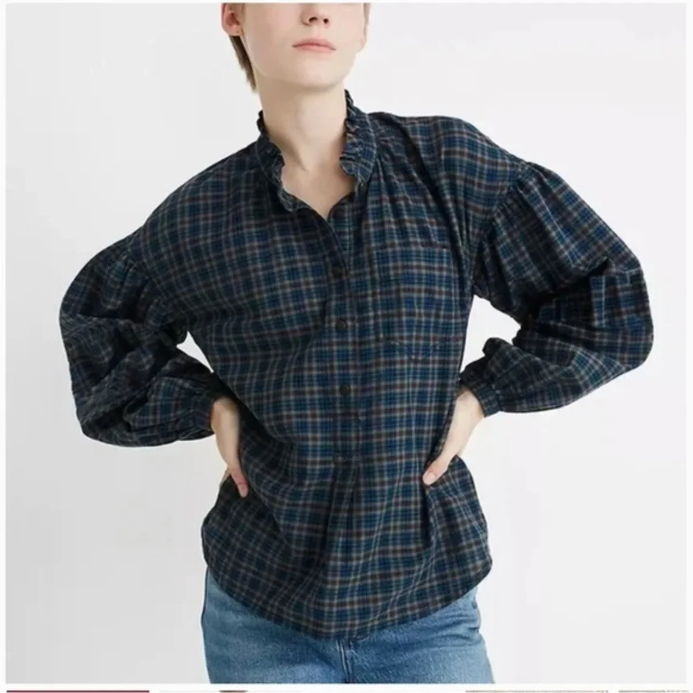 MADEWELL Teal‎ Blue Plaid Ruffle-Neck Popover Blouse Size Medium